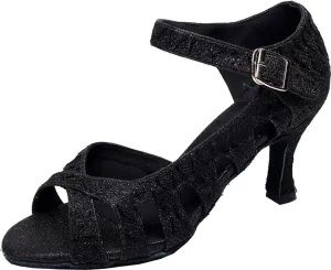 Women's Glitter Dance Shoes Latin Tango Ballroom Practice Shoes Salsa Cha-cha Peep Hollow Out Soft Sole, black set, 8.5