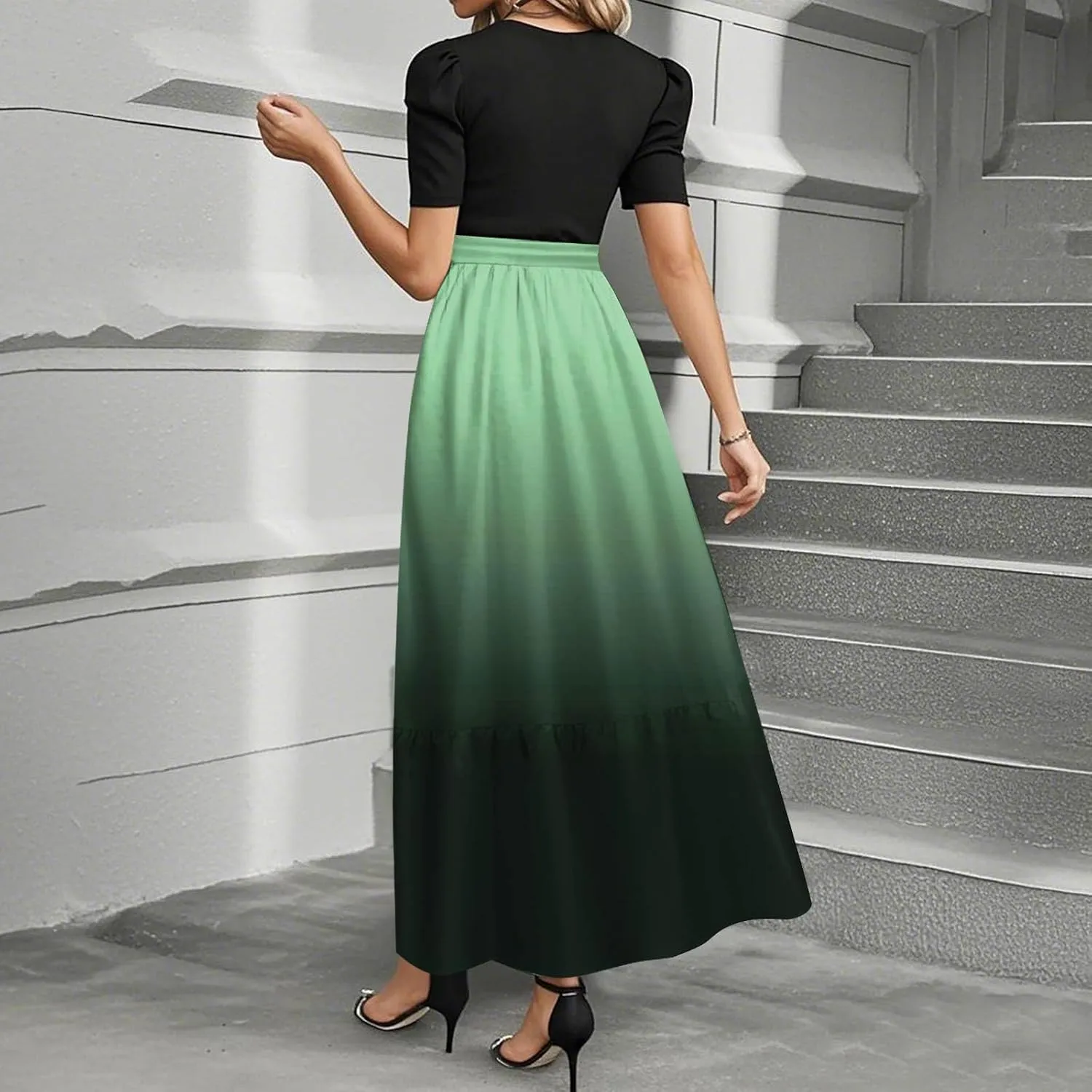 Womens Gradient Dress Spring Short Sleeve Comfy Tie Waist Crewneck Fashion Holiday Belted Long Dress