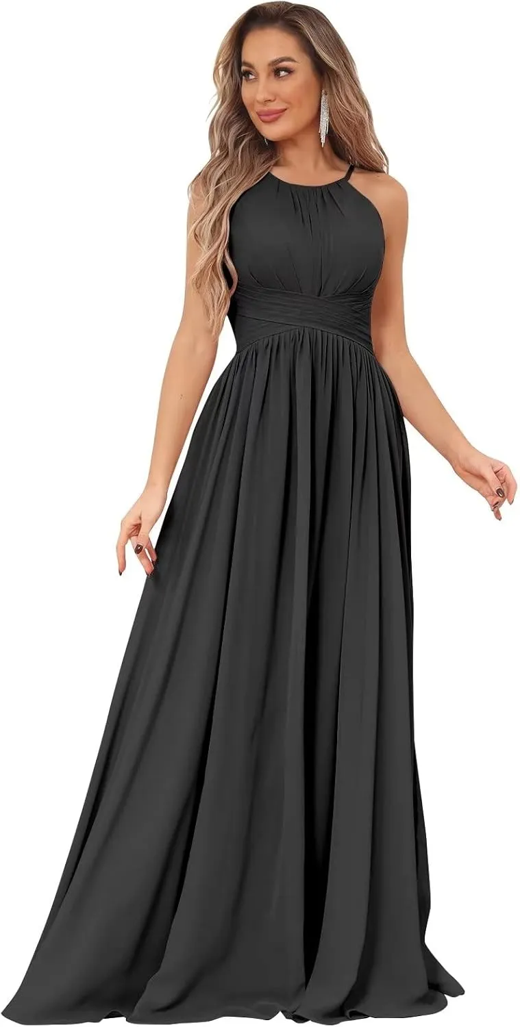 Women's Halter Chiffon Bridesmaid Dresses Long Pleated Sleeveless Empire Waist Formal Dresses