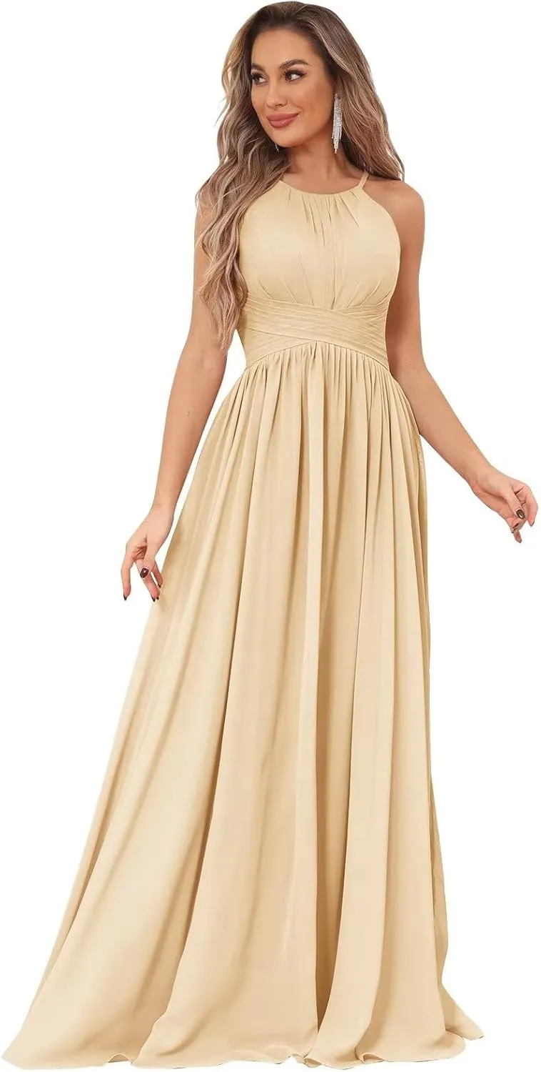 Women's Halter Chiffon Bridesmaid Dresses Long Pleated Sleeveless Empire Waist Formal Dresses