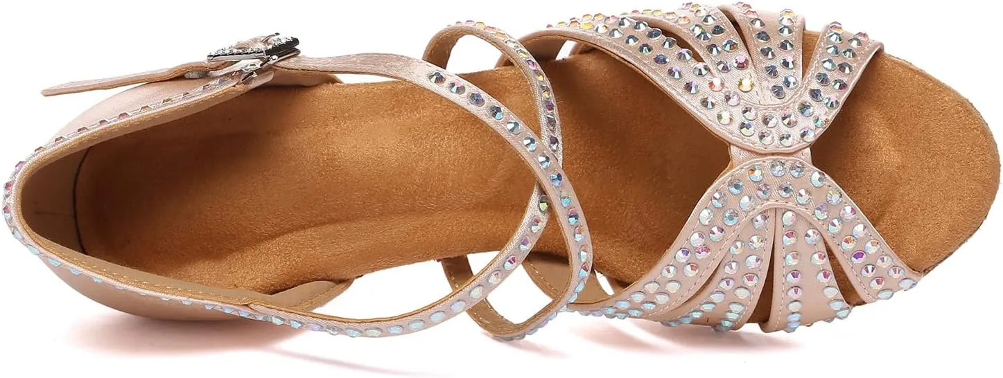 Women's Latin Dance Shoes Nude with Rhinestones Open Toe Ballroom Salsa Dance Shoes with 3 inches Heels