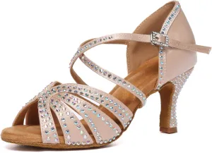 Women's Latin Dance Shoes Nude with Rhinestones Open Toe Ballroom Salsa Dance Shoes with 3 inches Heels