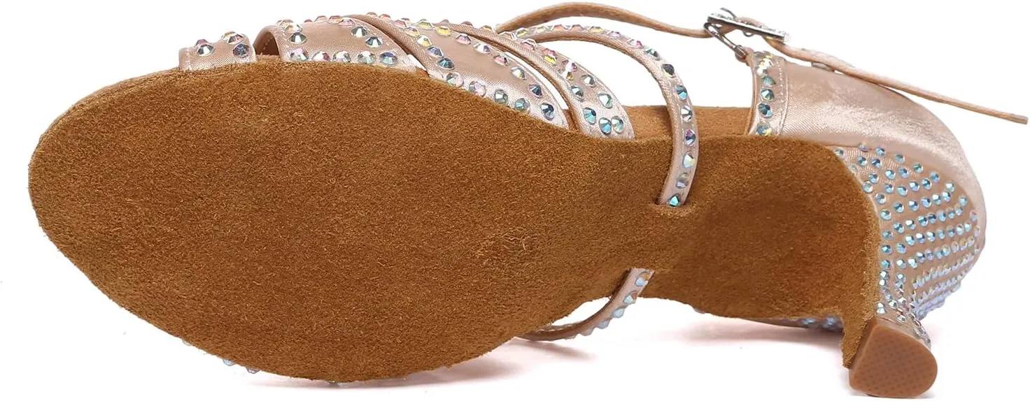 Women's Latin Dance Shoes Nude with Rhinestones Open Toe Ballroom Salsa Dance Shoes with 3 inches Heels