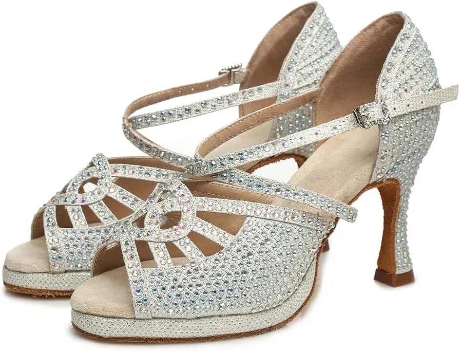 Women's Latin Dance Shoes Open Toe Suede Sole Performence Wedding Party Ballroom Salsa Platform Dancing Heels,Model YC-L458