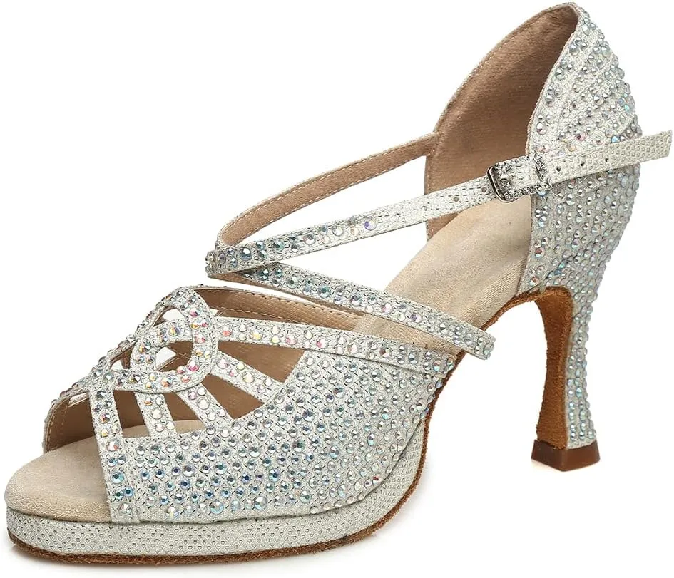 Women's Latin Dance Shoes Open Toe Suede Sole Performence Wedding Party Ballroom Salsa Platform Dancing Heels,Model YC-L458