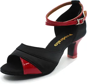 Women's Latin Salsa Dance Shoes,Black Satin Ballroom Heels,Cross-Strap Professional Practicing Shoes