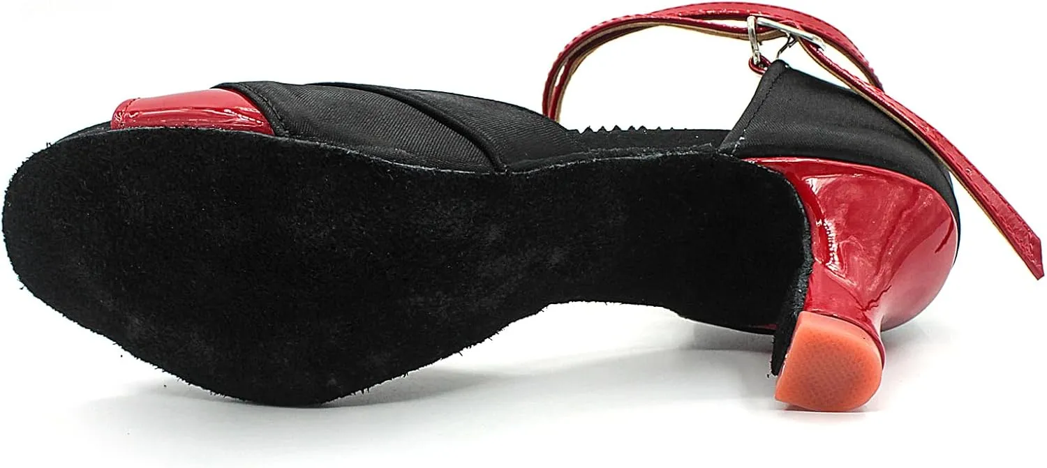 Women's Latin Salsa Dance Shoes,Black Satin Ballroom Heels,Cross-Strap Professional Practicing Shoes