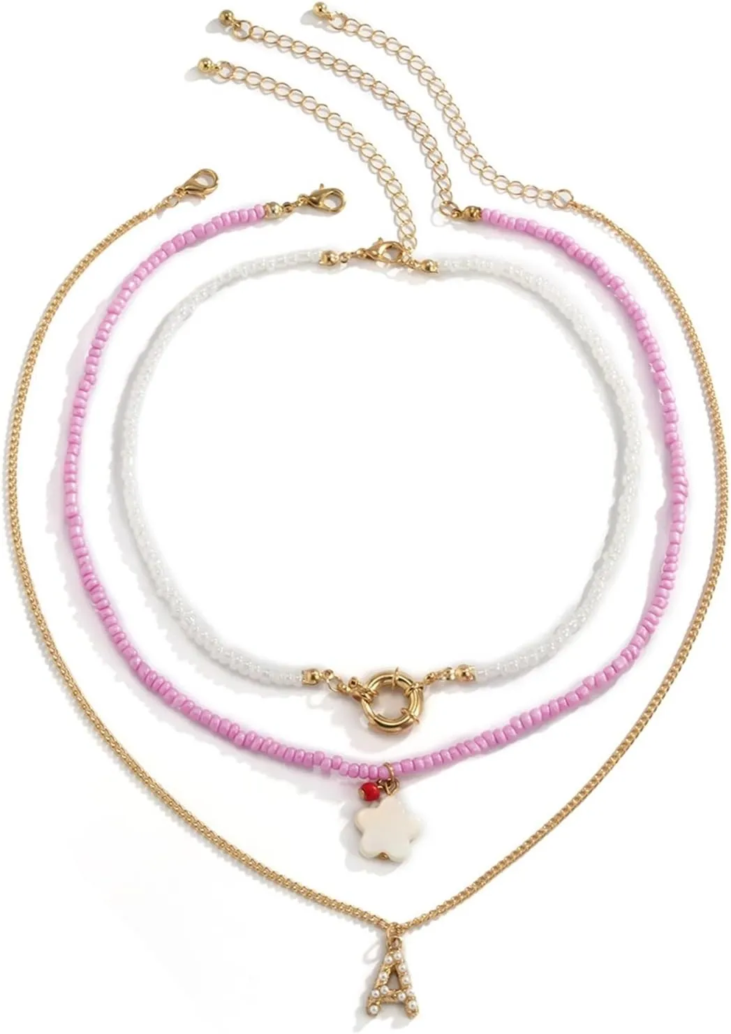 Womens Layered Necklaces, 3 Layer Necklace for Women Gold Lobster Claw White Round Shell Star Pearl Alphabet Design Vacation Daughter Gifts
