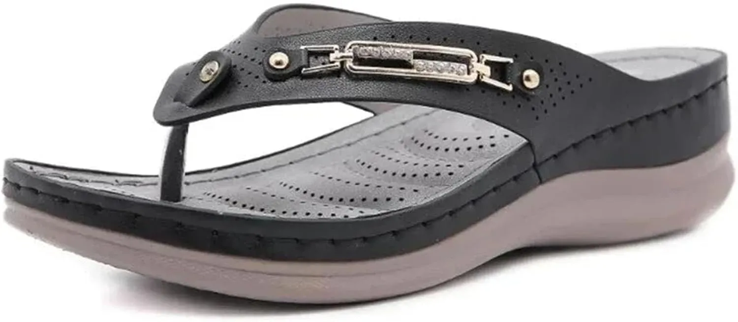 Women's Metal Button Flip-Flops - Summer Plus Size Platform Beach Slides