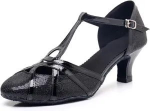Women's Modern Heels Shoes Salsa Tango Ballroom Latin Party Dance Shoes Sequin Hollow Wedding High Heel(Black5.5cm,40)
