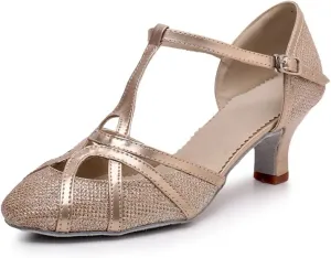 Women's Modern Heels Shoes Salsa Tango Ballroom Latin Party Dance Shoes Sequin Hollow Wedding High Heel(Champagne7.5cm,38)