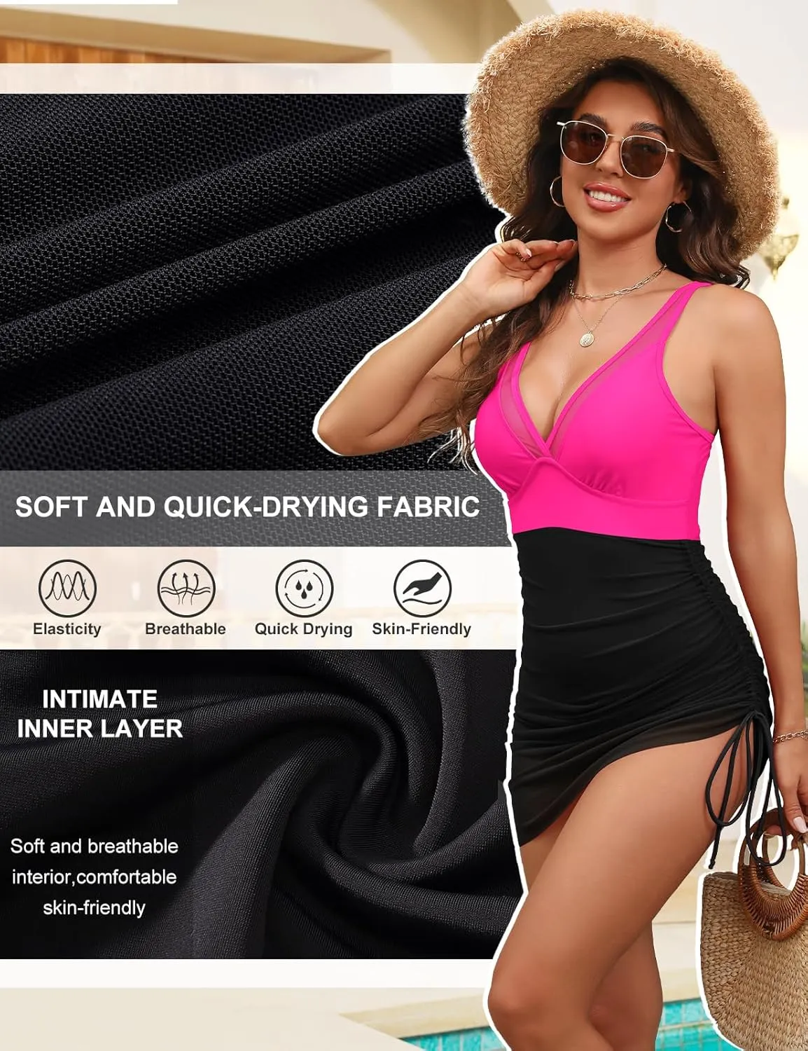 Womens One Piece Swimsuit Tummy Control Bathing Suit V Neck Slimming Swimwear Sheer Mesh Swim Dress Sarong Wraps