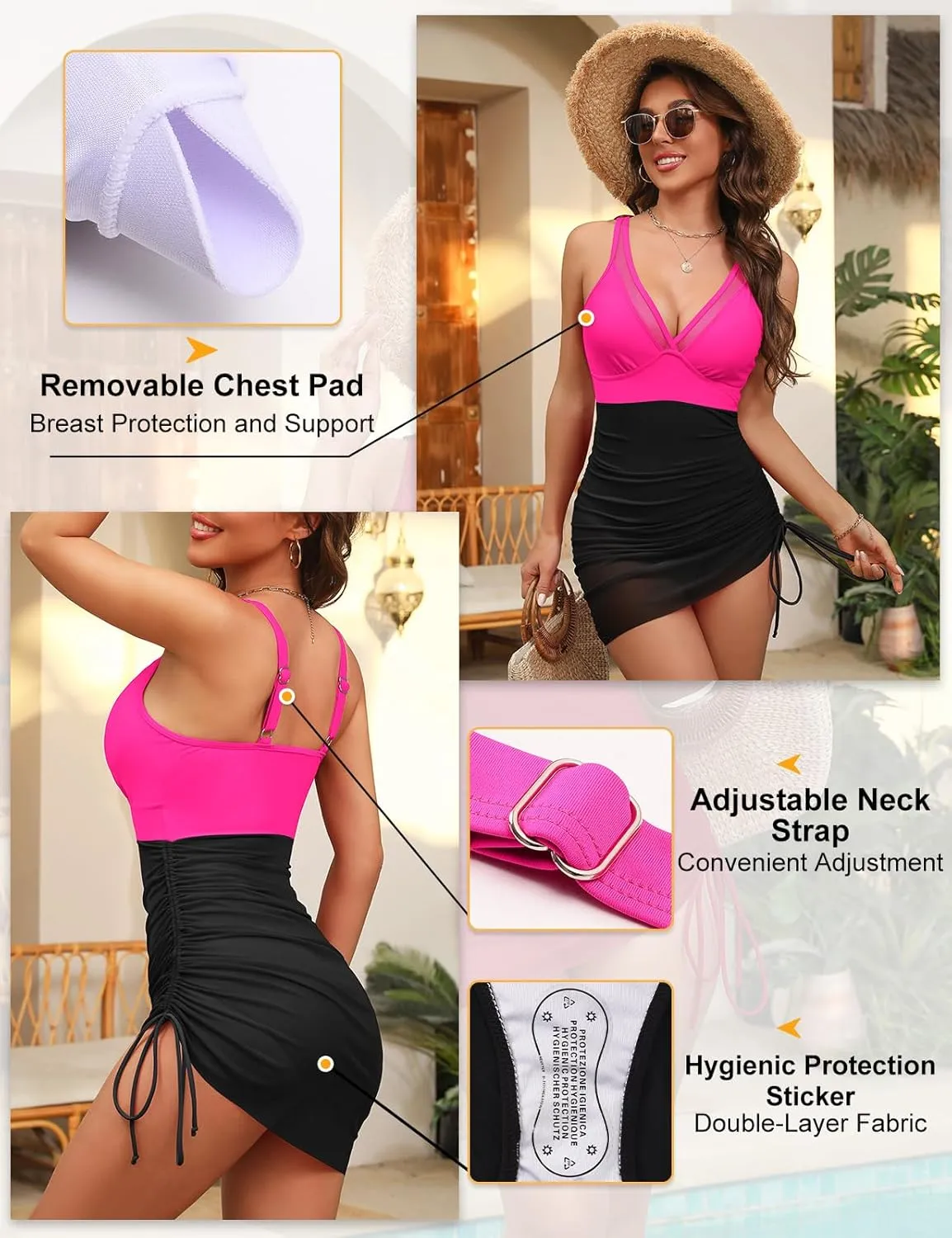 Womens One Piece Swimsuit Tummy Control Bathing Suit V Neck Slimming Swimwear Sheer Mesh Swim Dress Sarong Wraps