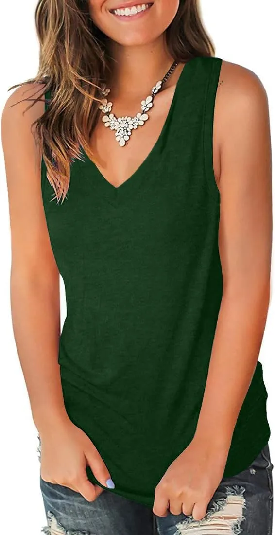 Womens Plus Size Summer Deep V Neck Sleeveless Dark Green Tank Top Curved Hem Casual Flowy Shirt