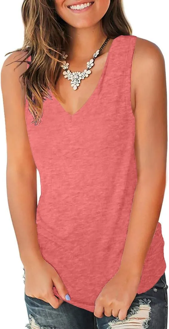 Womens Plus Size Summer Deep V Neck Sleeveless Tank Top Curved Hem Casual Flowy Shirt