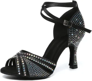 Women's Rhinestones Latin Dance Shoes Open Toe Ballroom Salsa Tango Dancing Shoes with 3.3inch Heels