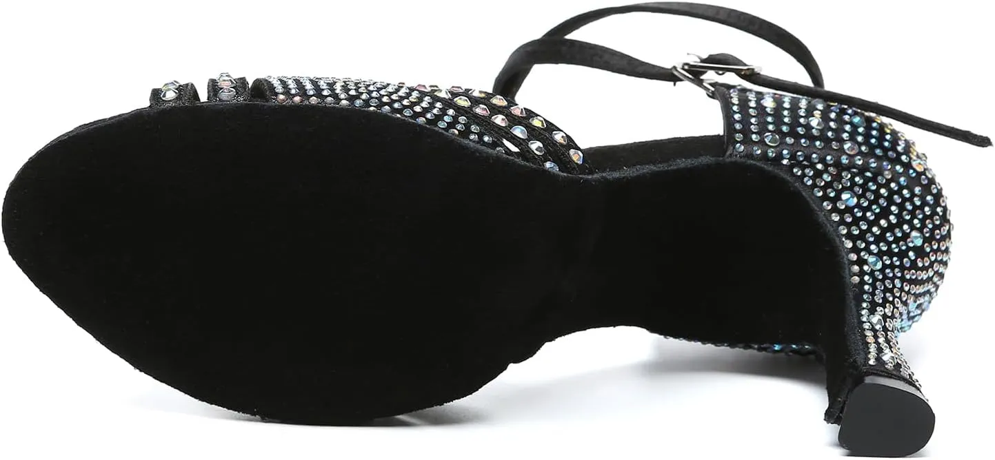 Women's Rhinestones Latin Dance Shoes Open Toe Ballroom Salsa Tango Dancing Shoes with 3.3inch Heels