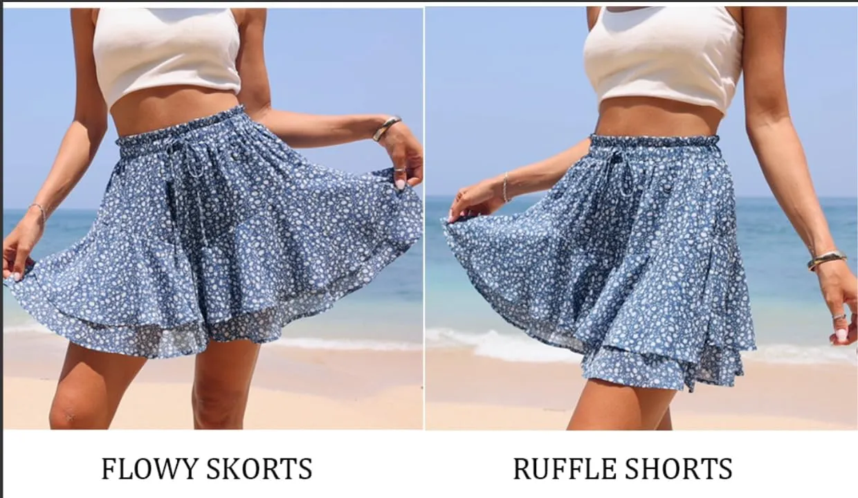Womens Skorts Floral Ruffled Chiffon Flowy Shorts Summer Flared Mini Skirts
