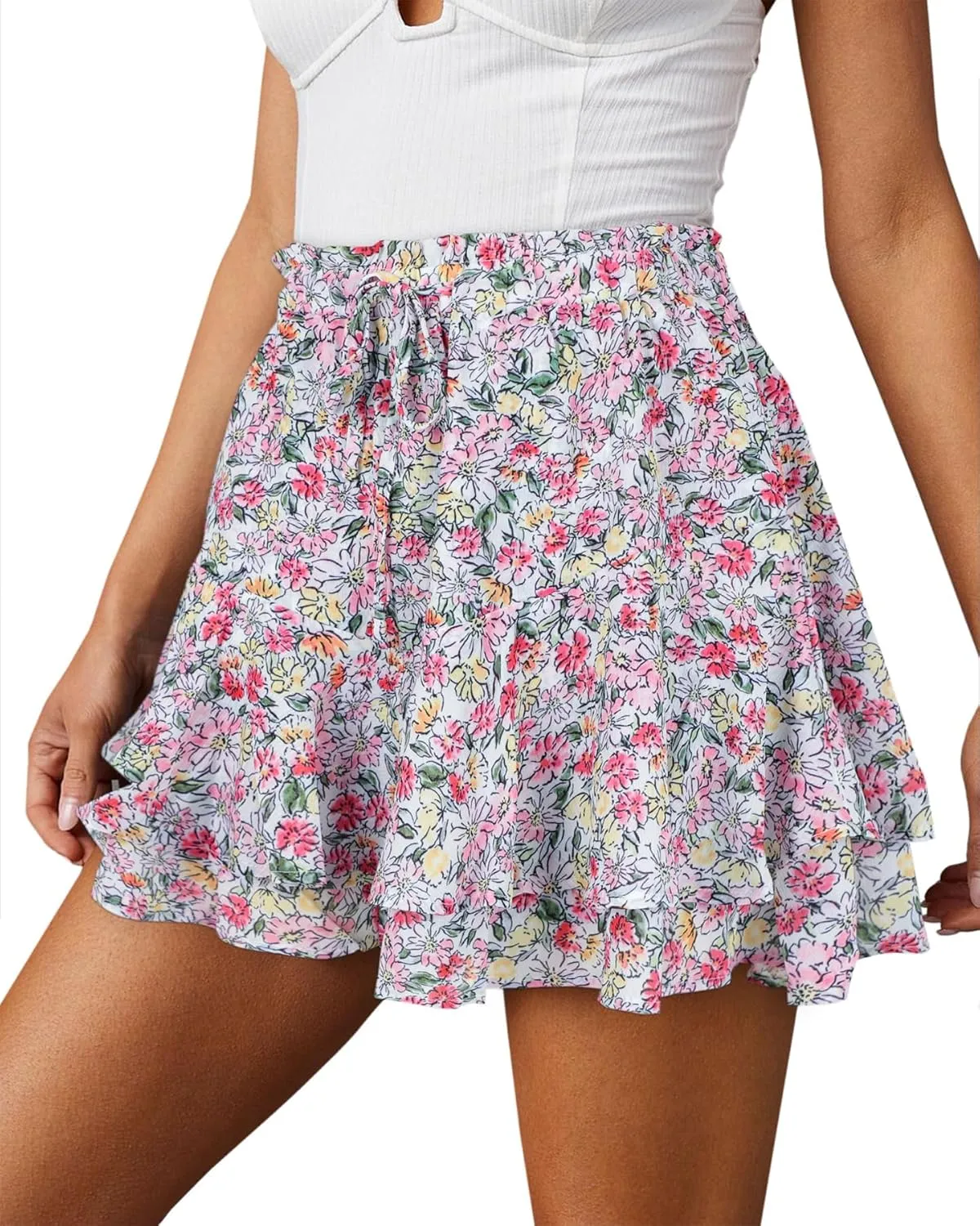 Womens Skorts Floral Ruffled Chiffon Flowy Shorts Summer Flared Mini Skirts
