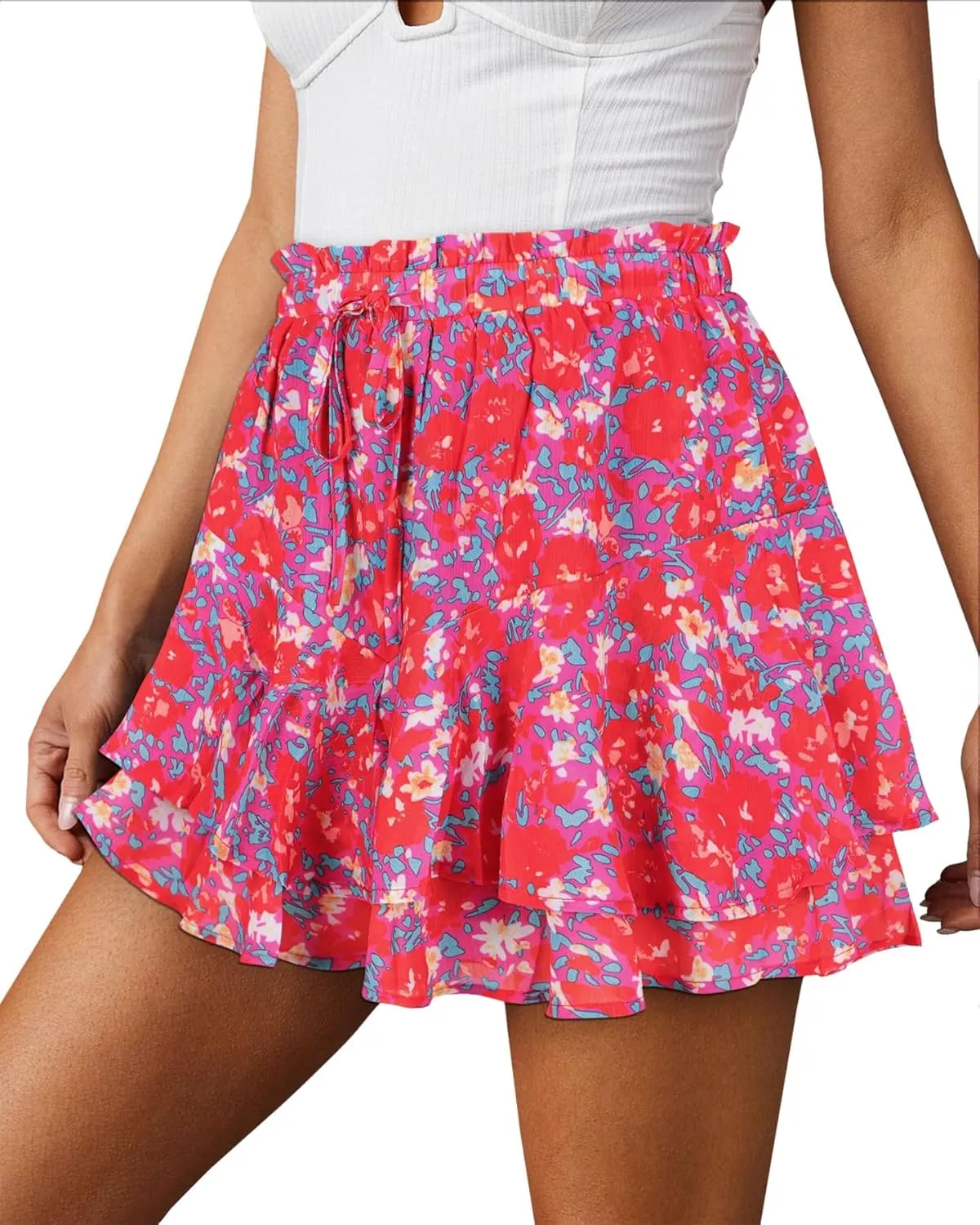 Womens Skorts Floral Ruffled Chiffon Flowy Shorts Summer Flared Mini Skirts