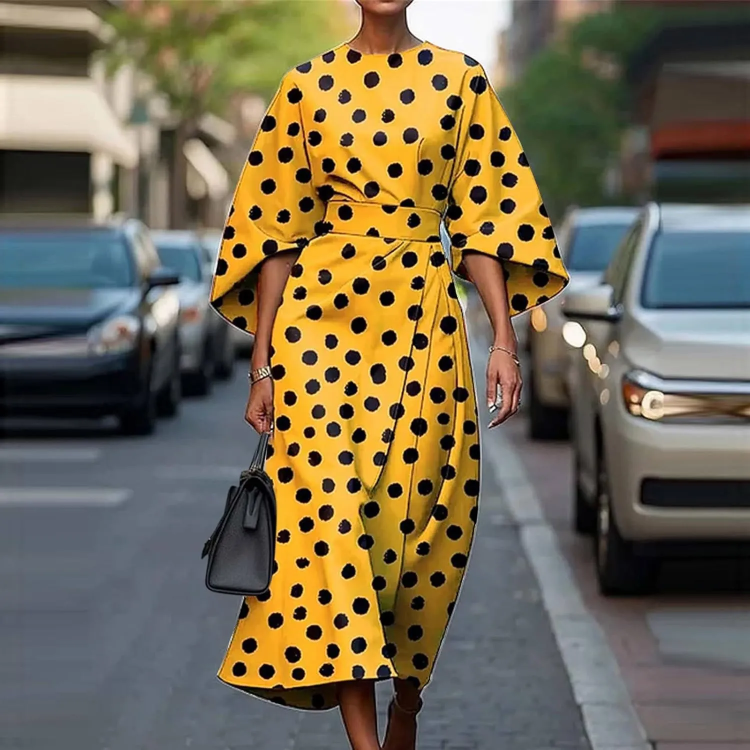 Women's Spring Summer Dress Elegant Floral Print Empire Waist Sundress Crew Neck Loose Half Sleeve Maxi Dresses
