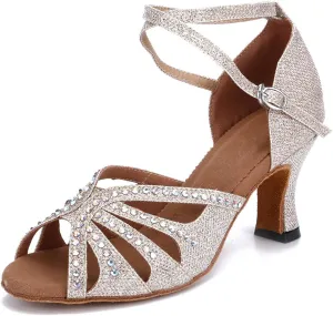 Women's Suede Sole Rhinestone Ballroom Dance Shoes Latin Salsa Performance Dance Shoes 2.7" Heel