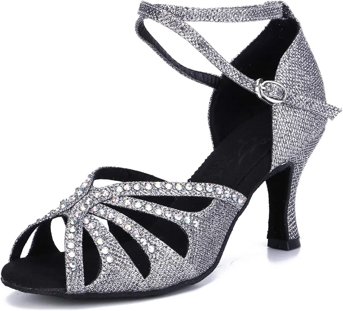 Women's Suede Sole Rhinestone Ballroom Dance Shoes Latin Salsa Performance Dance Shoes 2.7" Heel
