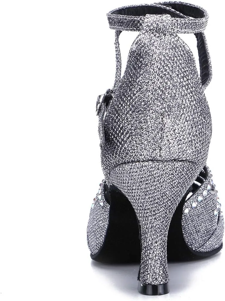 Women's Suede Sole Rhinestone Ballroom Dance Shoes Latin Salsa Performance Dance Shoes 2.7" Heel
