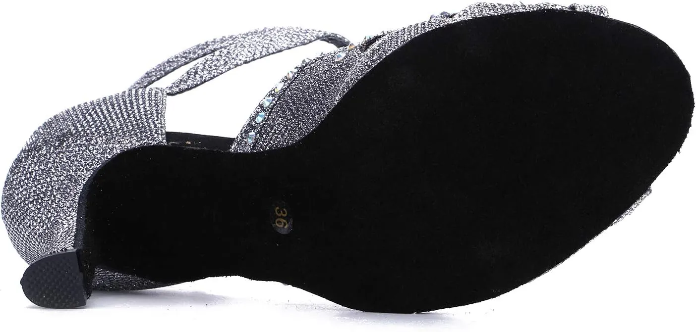 Women's Suede Sole Rhinestone Ballroom Dance Shoes Latin Salsa Performance Dance Shoes 2.7" Heel
