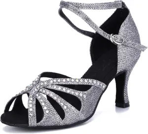 Women's Suede Sole Rhinestone Ballroom Dance Shoes Latin Salsa Performance Dance Shoes 2.7" Heel