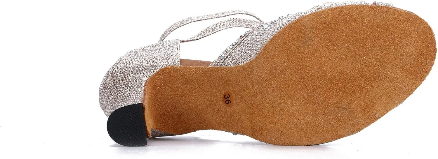 Women's Suede Sole Rhinestone Ballroom Dance Shoes Latin Salsa Performance Dance Shoes 2.7" Heel