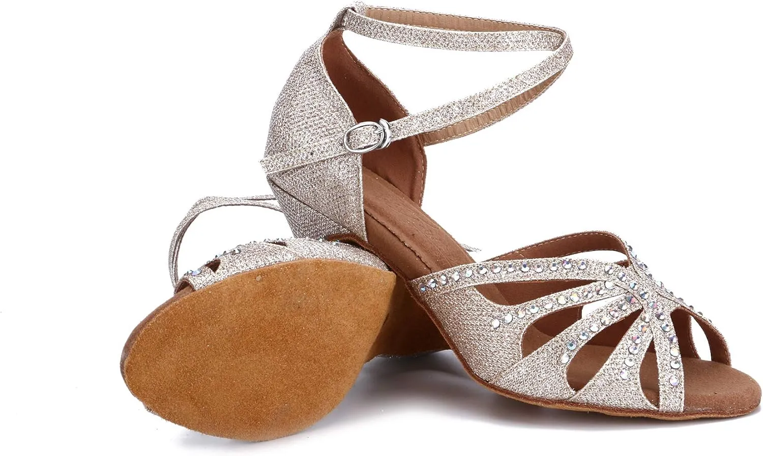 Women's Suede Sole Rhinestone Ballroom Dance Shoes Latin Salsa Performance Dance Shoes 2.7" Heel
