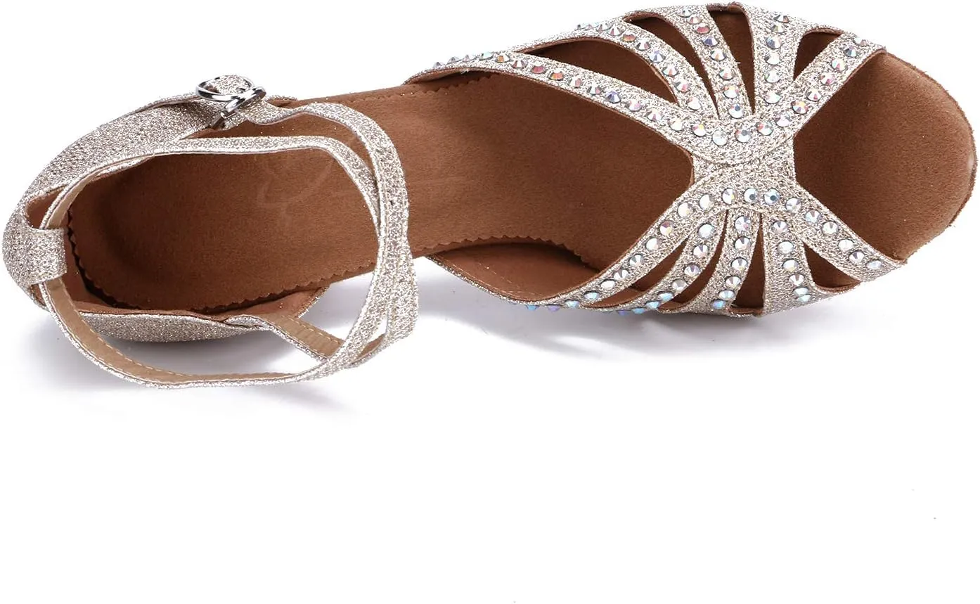 Women's Suede Sole Rhinestone Ballroom Dance Shoes Latin Salsa Performance Dance Shoes 2.7" Heel