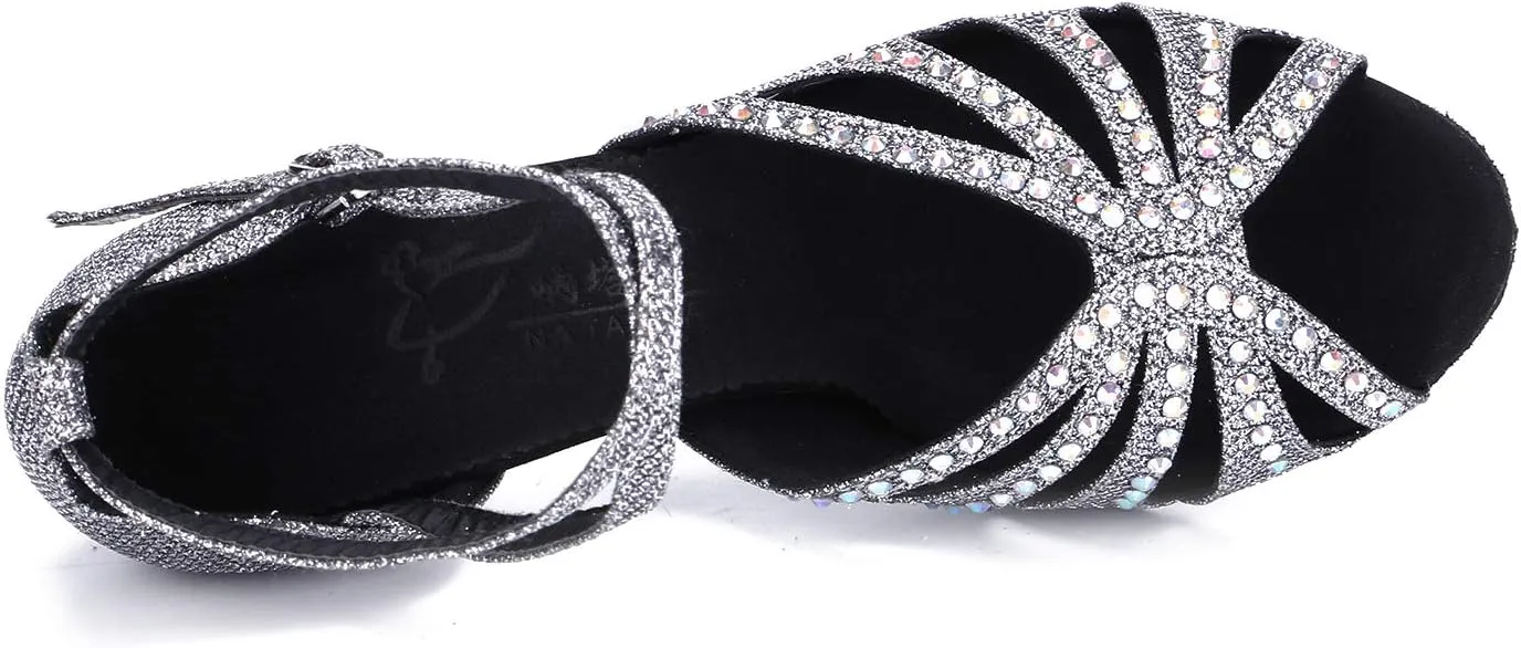 Women's Suede Sole Rhinestone Ballroom Dance Shoes Latin Salsa Performance Dance Shoes 2.7" Heel