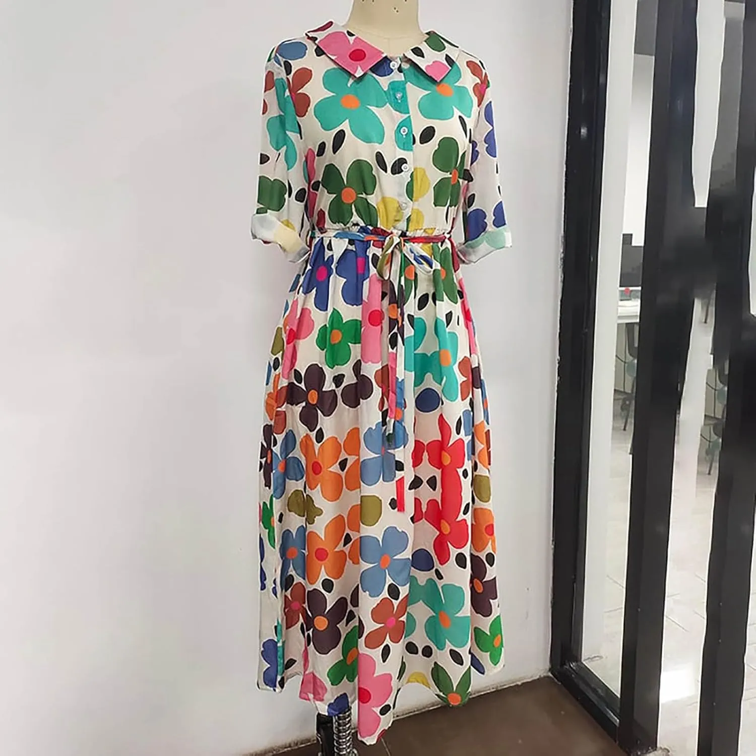 Womens Summer Dresses Boho Floral Lapel Neck Button Casual A-Line Lace-Up Dress Cruise Outfits 2024 Blue Dresses