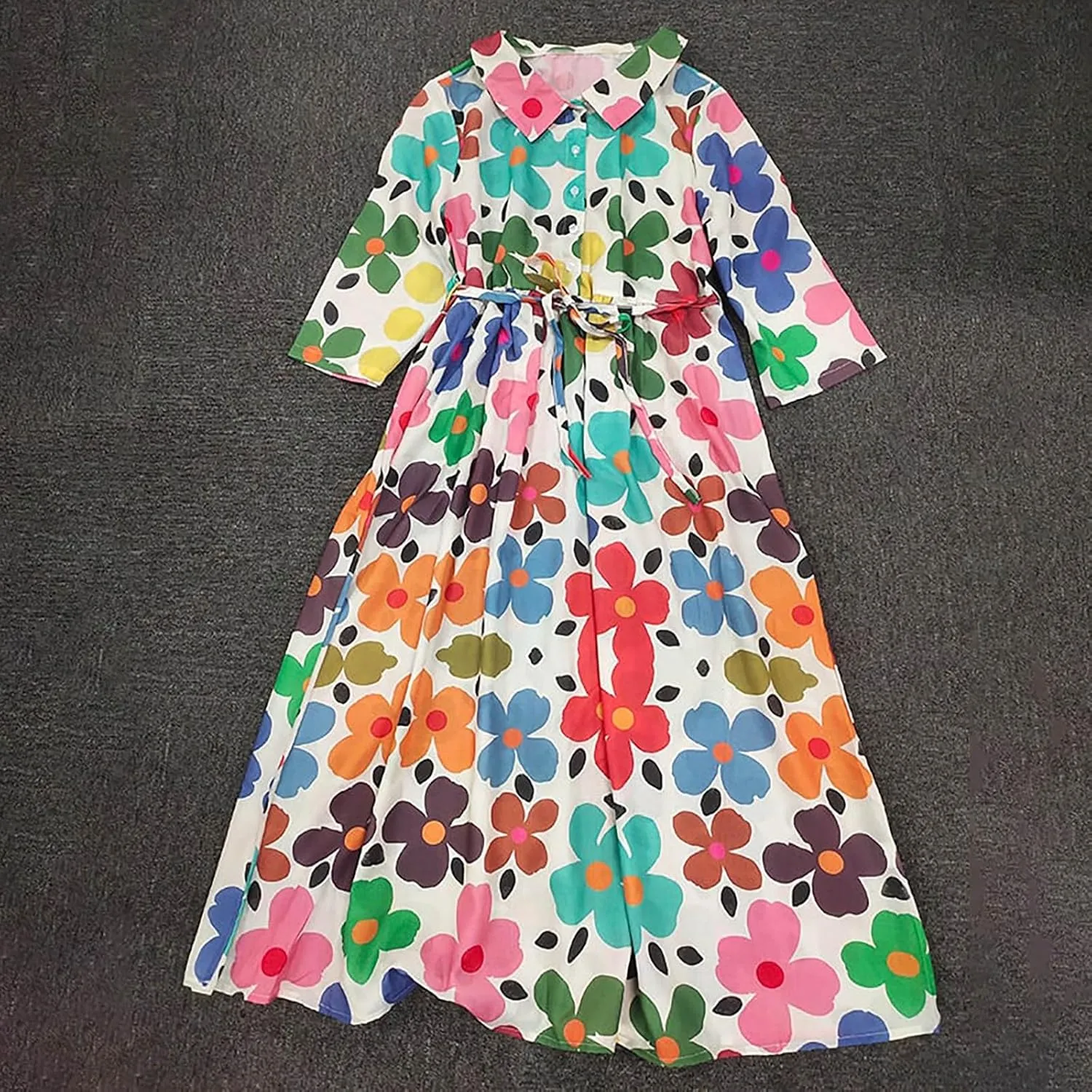 Womens Summer Dresses Boho Floral Lapel Neck Button Casual A-Line Lace-Up Dress Cruise Outfits 2024 Blue Dresses