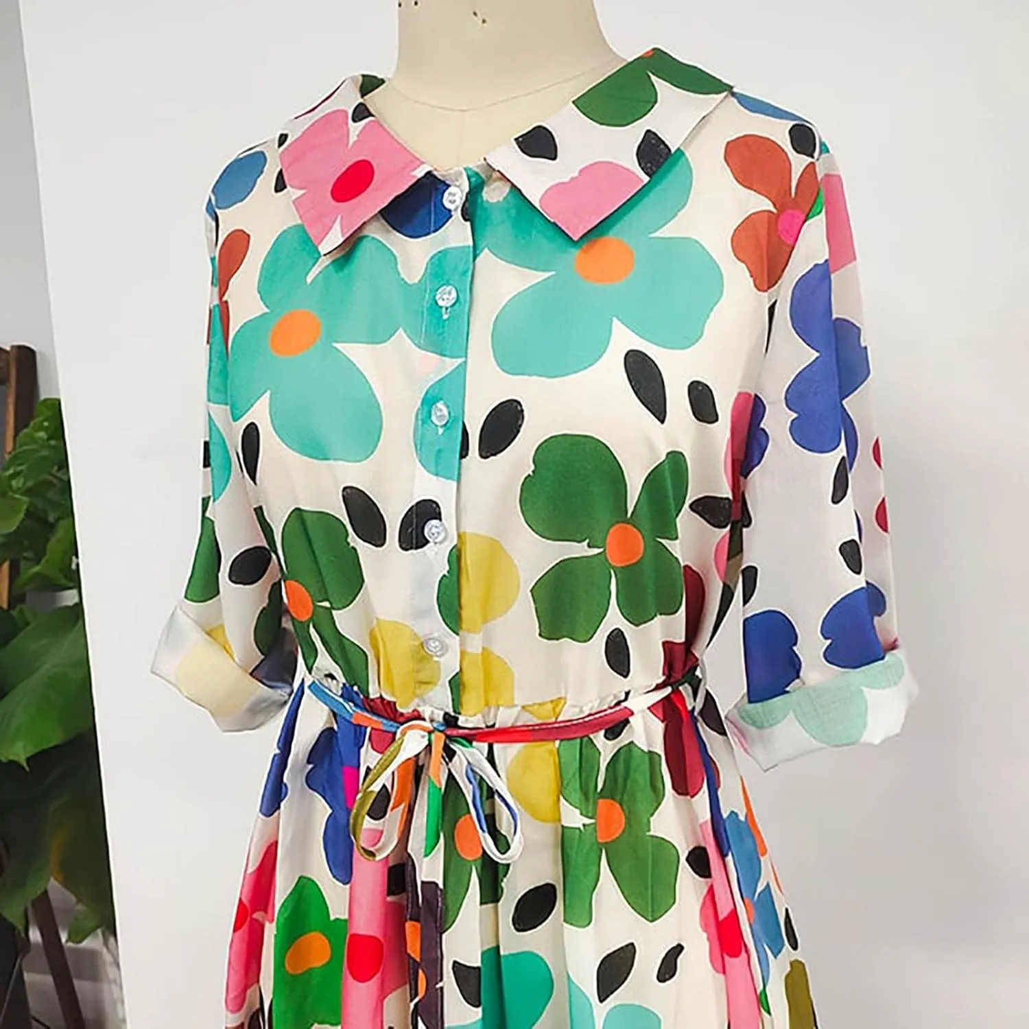 Womens Summer Dresses Boho Floral Lapel Neck Button Casual A-Line Lace-Up Dress Cruise Outfits 2024 Blue Dresses