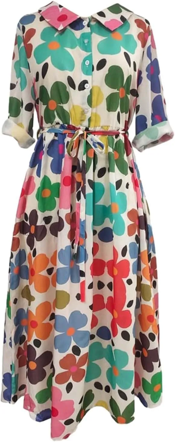 Womens Summer Dresses Boho Floral Lapel Neck Button Casual A-Line Lace-Up Dress Cruise Outfits 2024 Blue Dresses