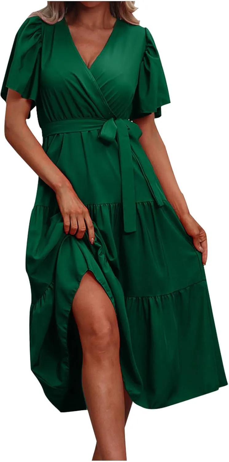 Women's Summer Plus Size Dresses 2024 Tie Waist Casual V Neck Ruffle Short Sleeve Tiered Loose Midi Dress Sundress