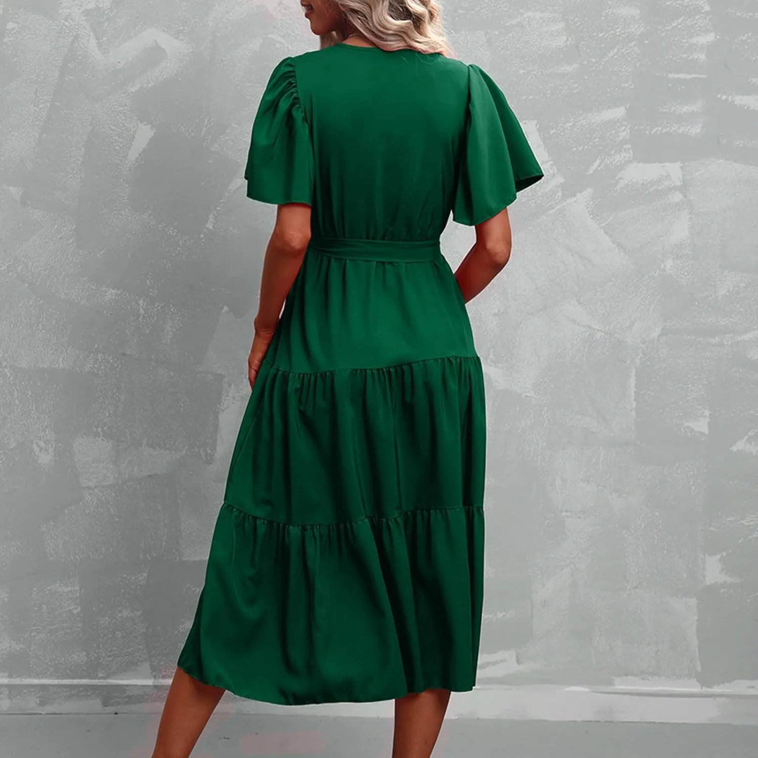 Women's Summer Plus Size Dresses 2024 Tie Waist Casual V Neck Ruffle Short Sleeve Tiered Loose Midi Dress Sundress