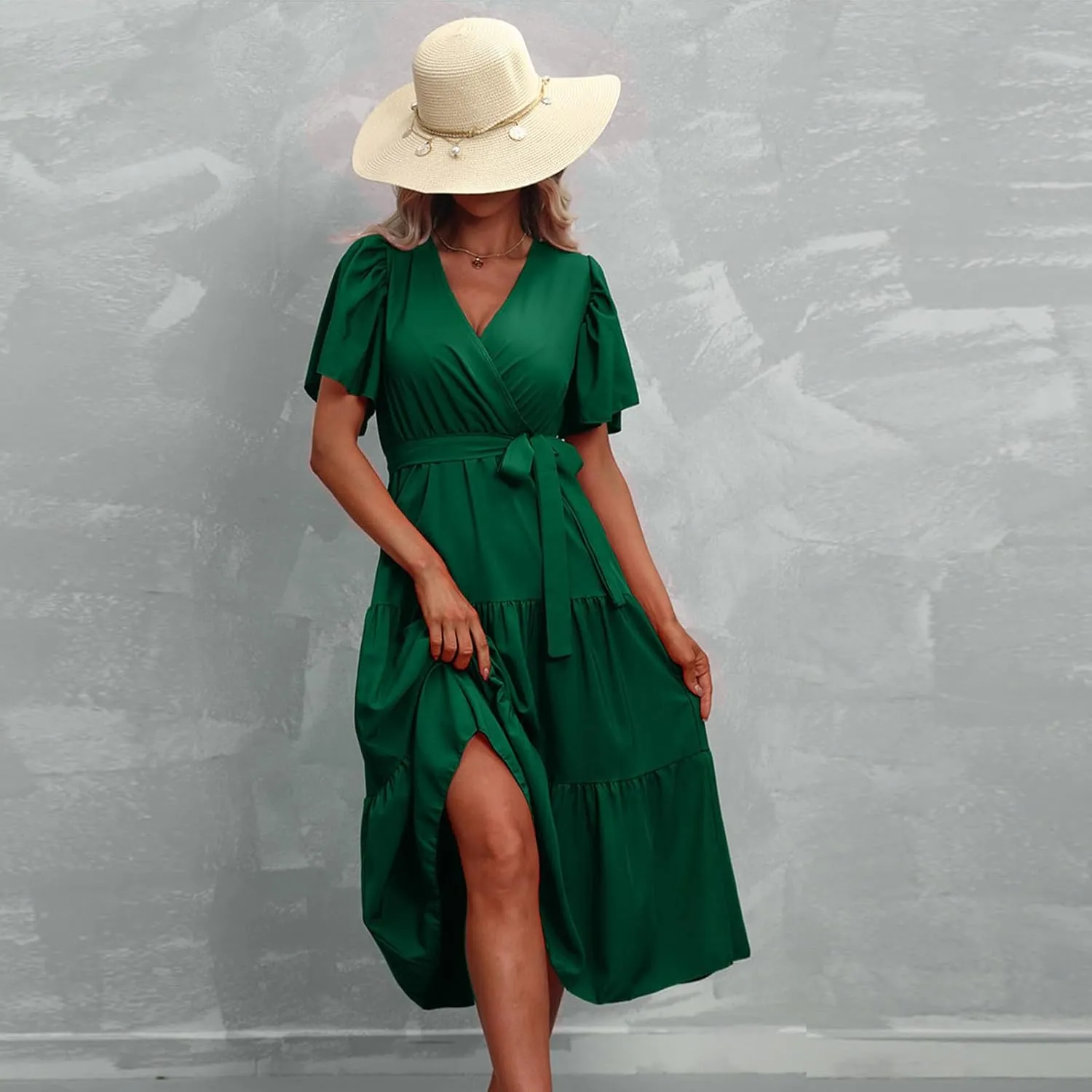 Women's Summer Plus Size Dresses 2024 Tie Waist Casual V Neck Ruffle Short Sleeve Tiered Loose Midi Dress Sundress