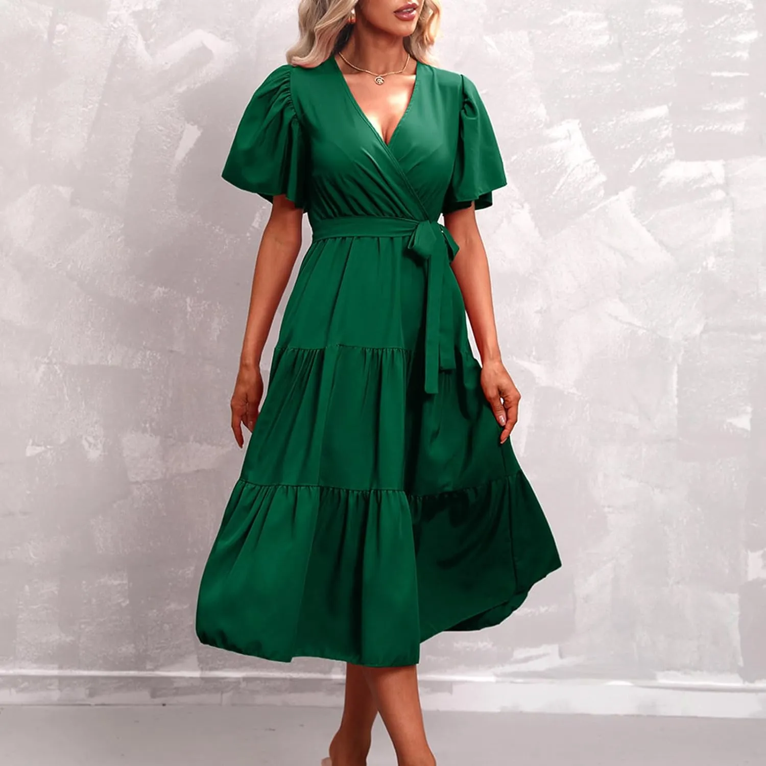 Women's Summer Plus Size Dresses 2024 Tie Waist Casual V Neck Ruffle Short Sleeve Tiered Loose Midi Dress Sundress