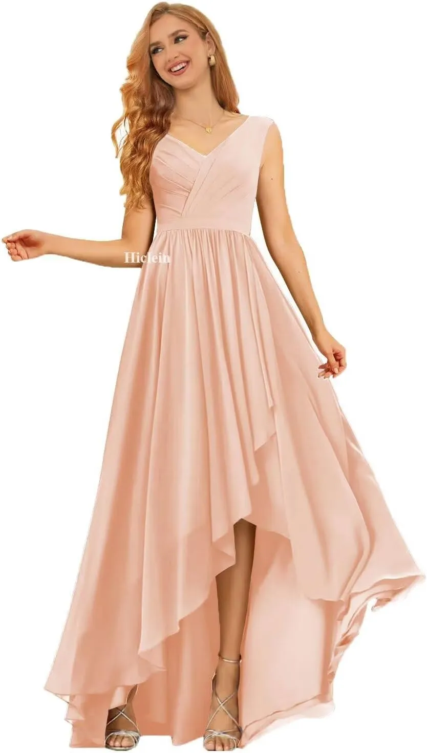 Women's V Neck Bridesmaid Dresses for Wedding High Low Chiffon Ruffle Formal Evening Dress with Slit