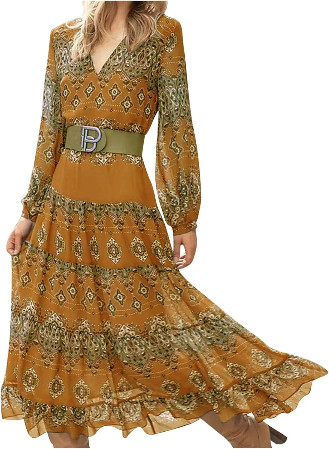 Women's V Neck Ethnic Style Empire Waist Slim Chiffon Dress Fall Long Sleeve A-Line Swing Dresses for Women Casual Maxi Dress