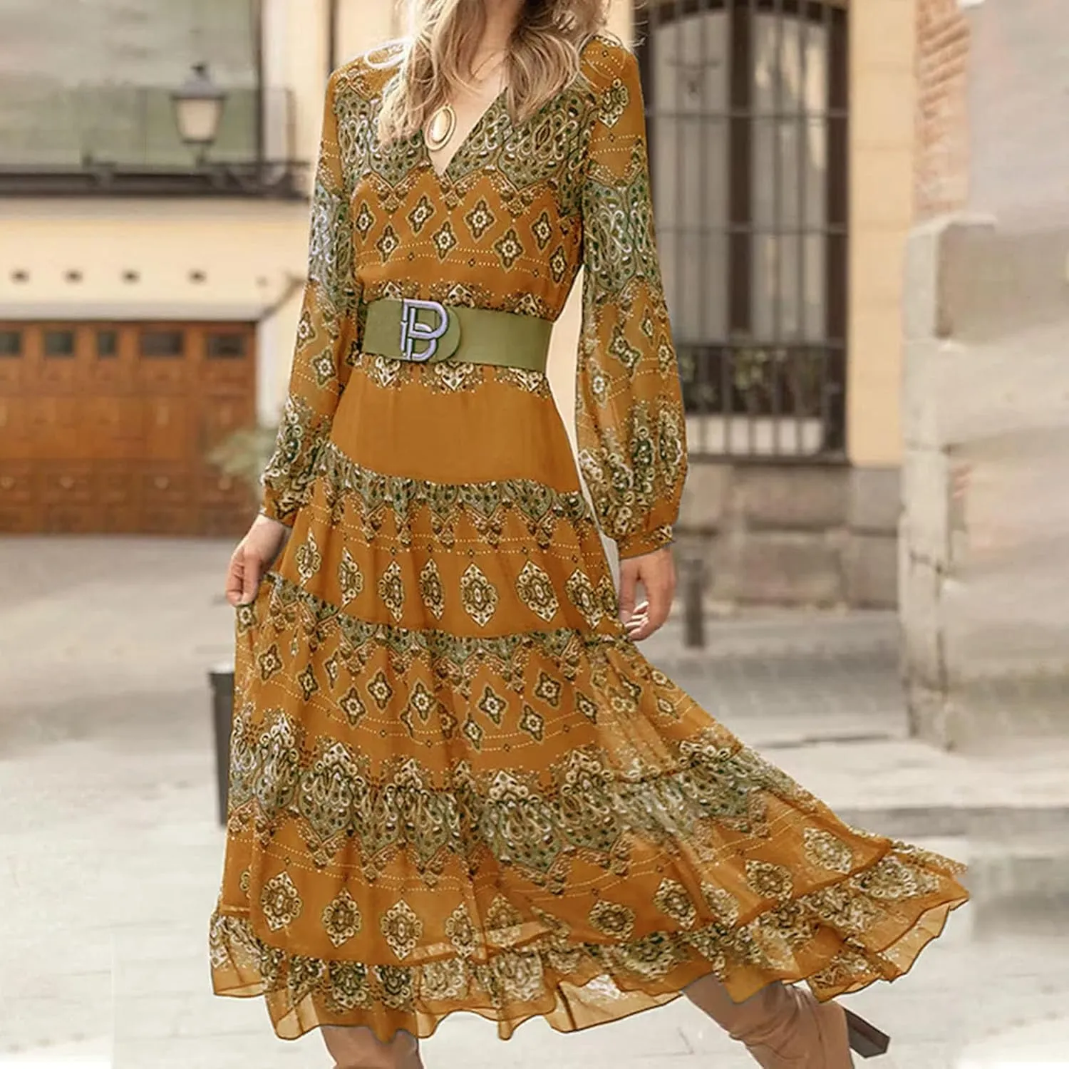 Women's V Neck Ethnic Style Empire Waist Slim Chiffon Dress Fall Long Sleeve A-Line Swing Dresses for Women Casual Maxi Dress