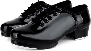 WUIWUIYU Women's Men's Black Tap Shoes Lace-Up Heels Split Sole Jazz Dance Shoes for Adult