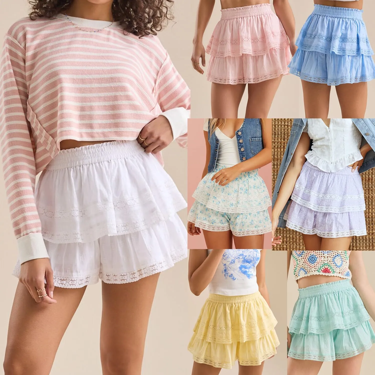 Y2k Women Lace Trim Shorts Tiered Ruffle Flowy Skort High Waisted Layered Fairy Mini Skirt Cute Summer Boho Skirts