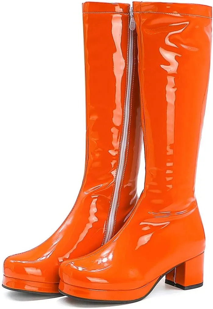 YIYA Women's Knee High GOGO Boots Colorful Patent Leather Waterproof Rain Boots Chunky Low Heel Party Costume Shoes