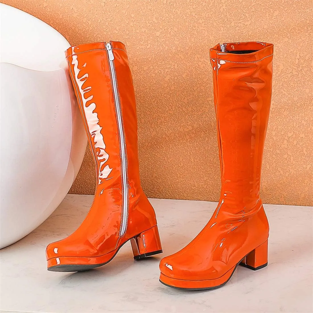 YIYA Women's Knee High GOGO Boots Colorful Patent Leather Waterproof Rain Boots Chunky Low Heel Party Costume Shoes