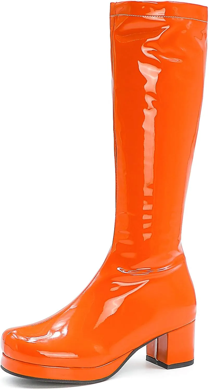 YIYA Women's Knee High GOGO Boots Colorful Patent Leather Waterproof Rain Boots Chunky Low Heel Party Costume Shoes